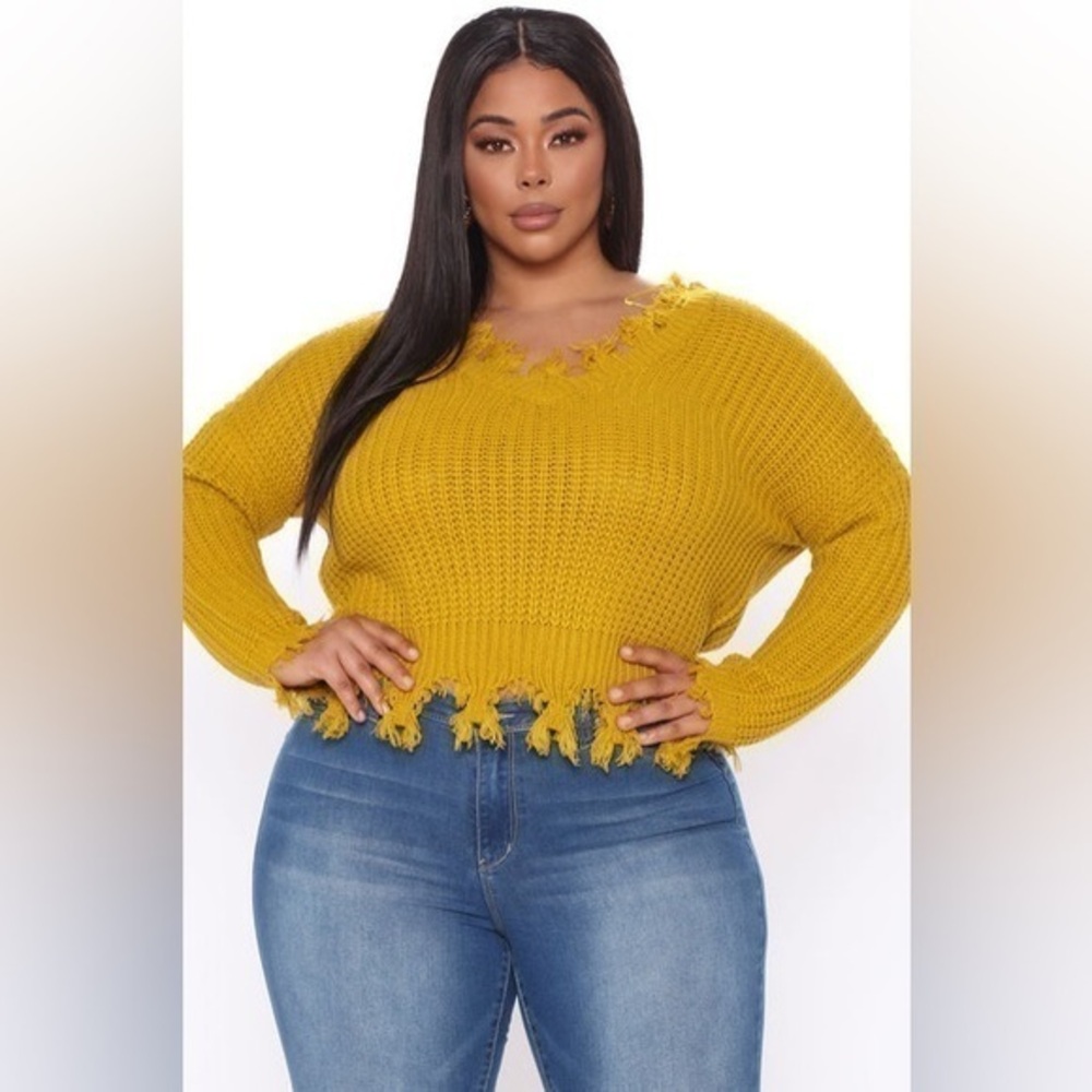 NWT Fashion Nova Mustard Yellow Always Distressing Me out Sweater Women’s Large